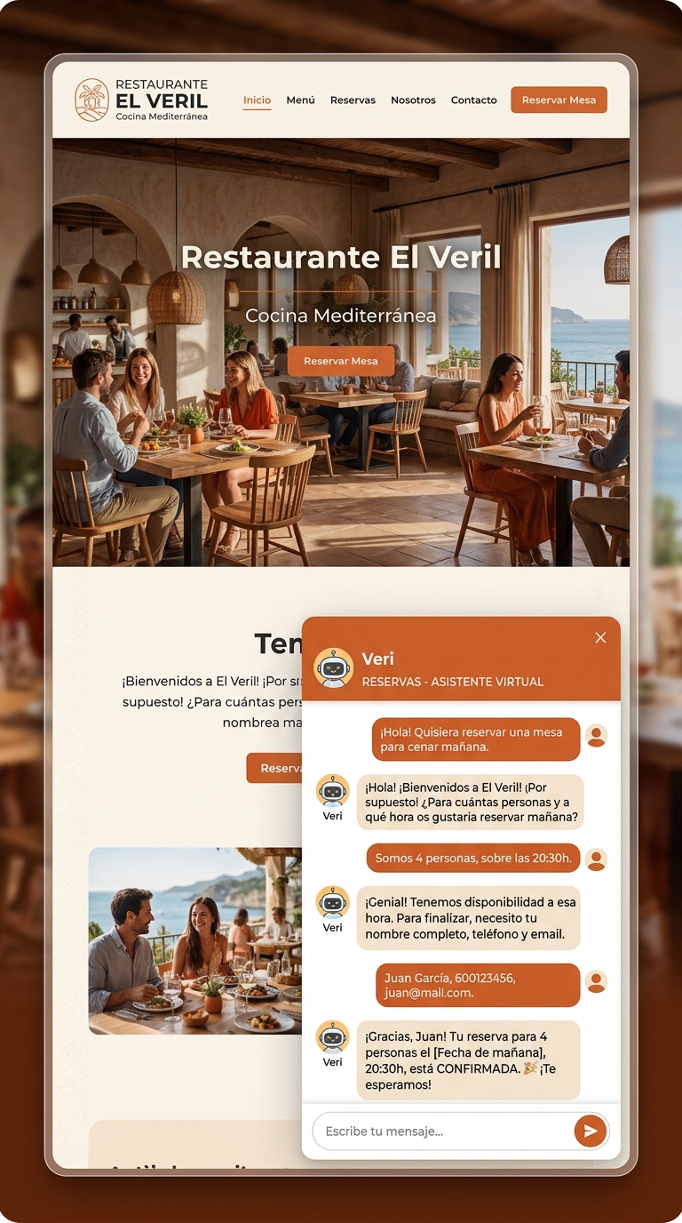Agente virtual integrado directamente en la web de un restaurante, respondiendo una reserva en una ventana de chat.