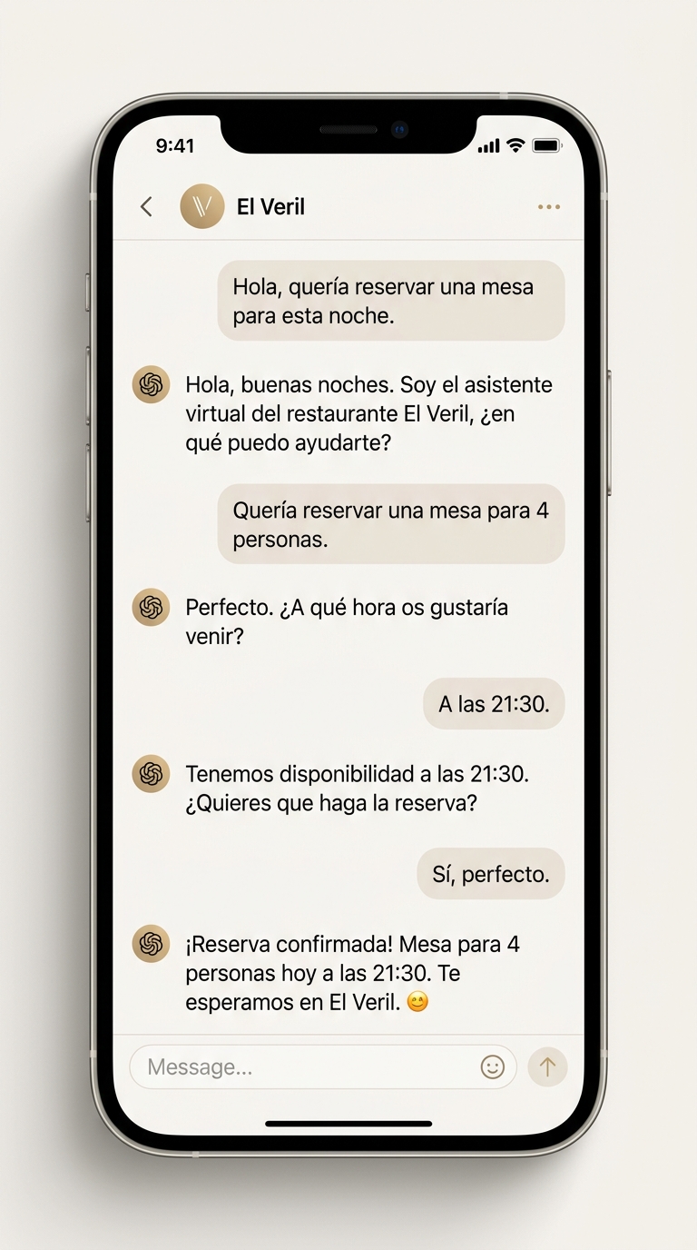 Agente conectado a WhatsApp Business, confirmando una reserva de mesa en una conversación real.